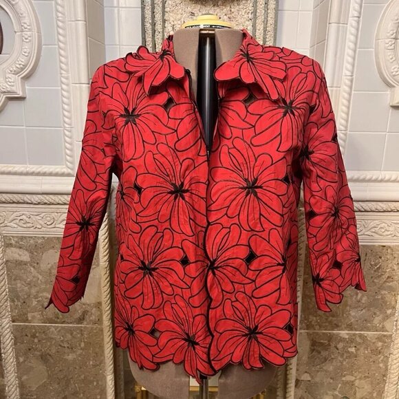 Karen Arnold. Size 3X. Cutwork Embroidered. Red Jacket. 1 Neck Button. B20 - Picture 5 of 6